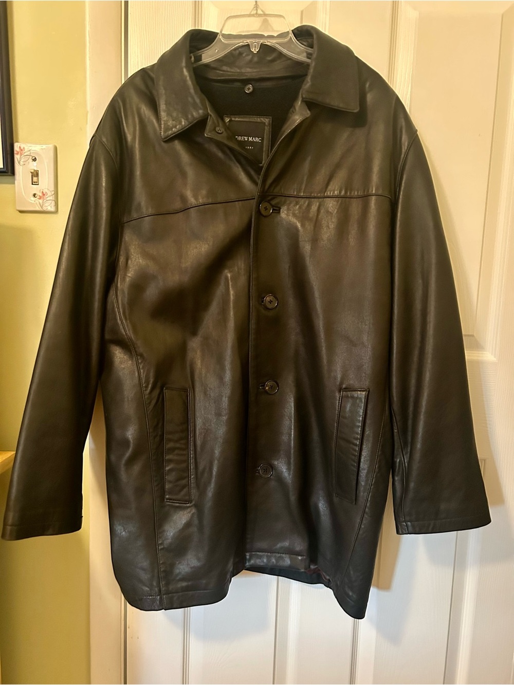 Vintage Andrew Marc New York Mens Lined Soft Black Leather Long Coat